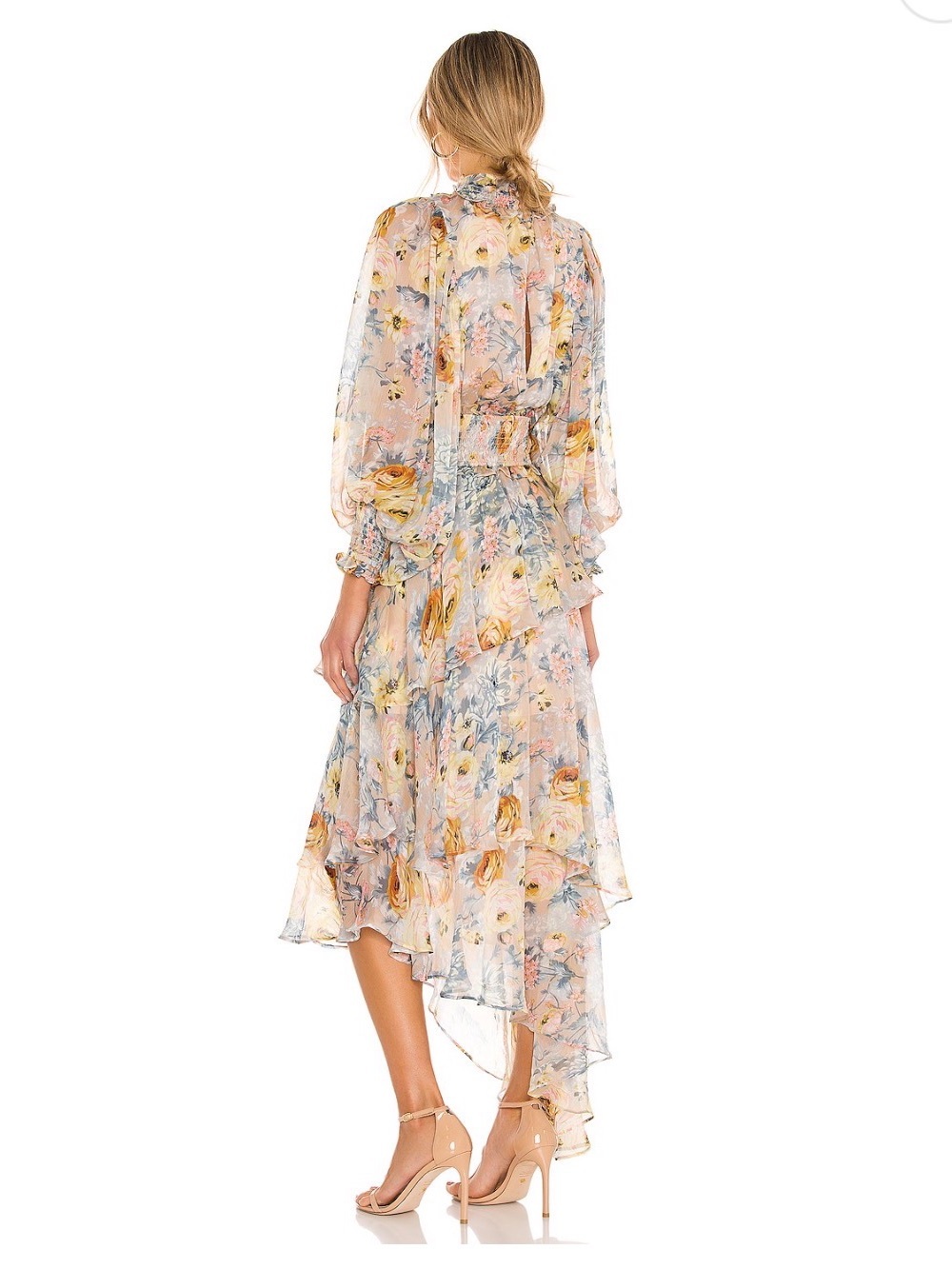Elliatt Pastel Floral High-Low Chiffon Dress - Blush, Yellow, Blue - Picture 3 of 10